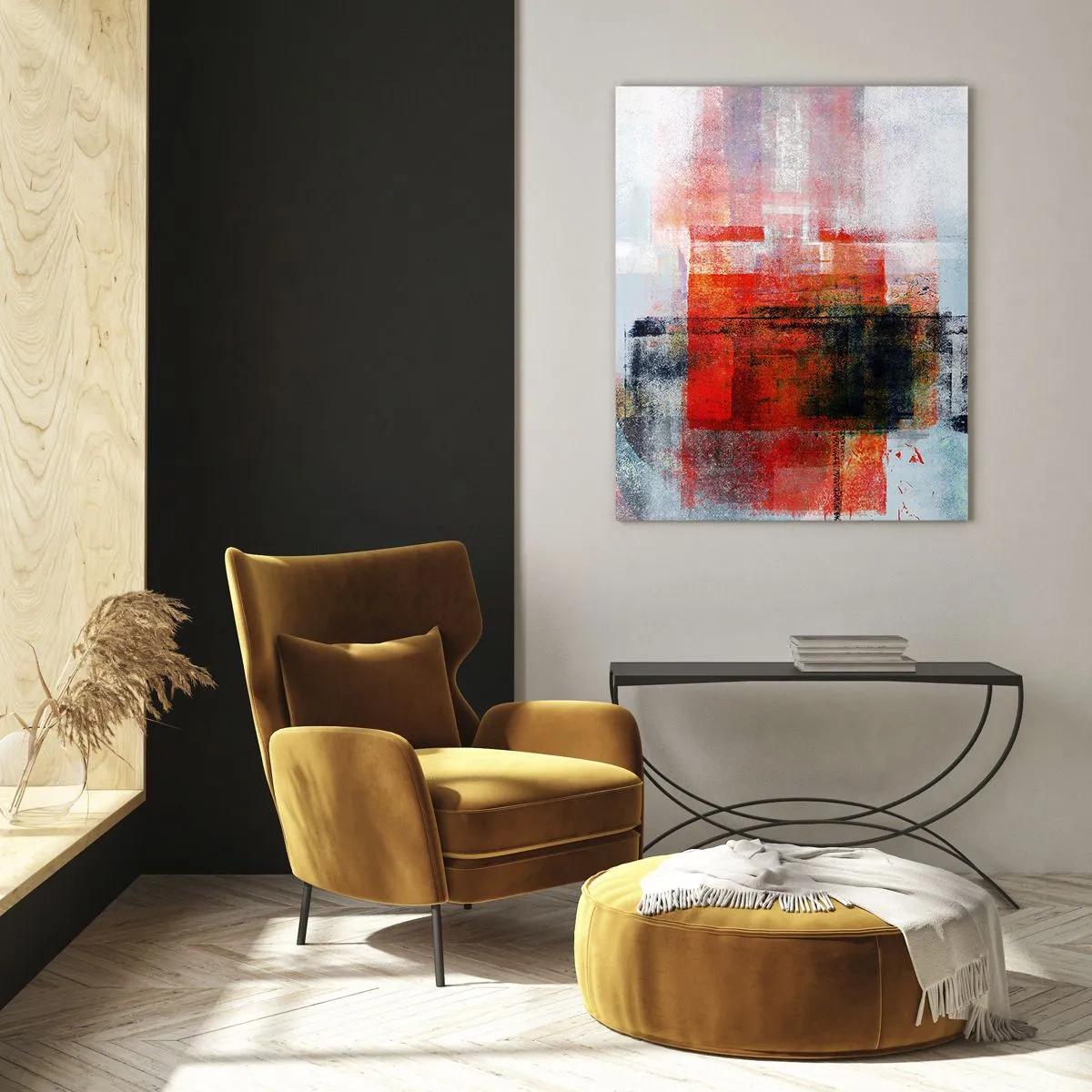Cuadro sobre vidrio - Impresiones sobre Vidrio - Abstracción geométrica en tonos intensos de rojo y negro. - 50x70cm - Composición brillante - Decoración de pared moderna para salón y dormitorio ARTTOR