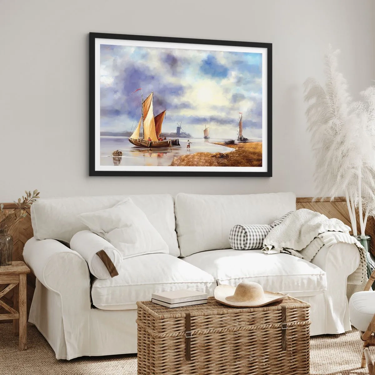 Póster en marco negro - Veleros en aguas tranquilas con molinos de viento al fondo - 100x70cm - El regreso de los marineros - Decoración de pared moderna para salón y dormitorio ARTTOR