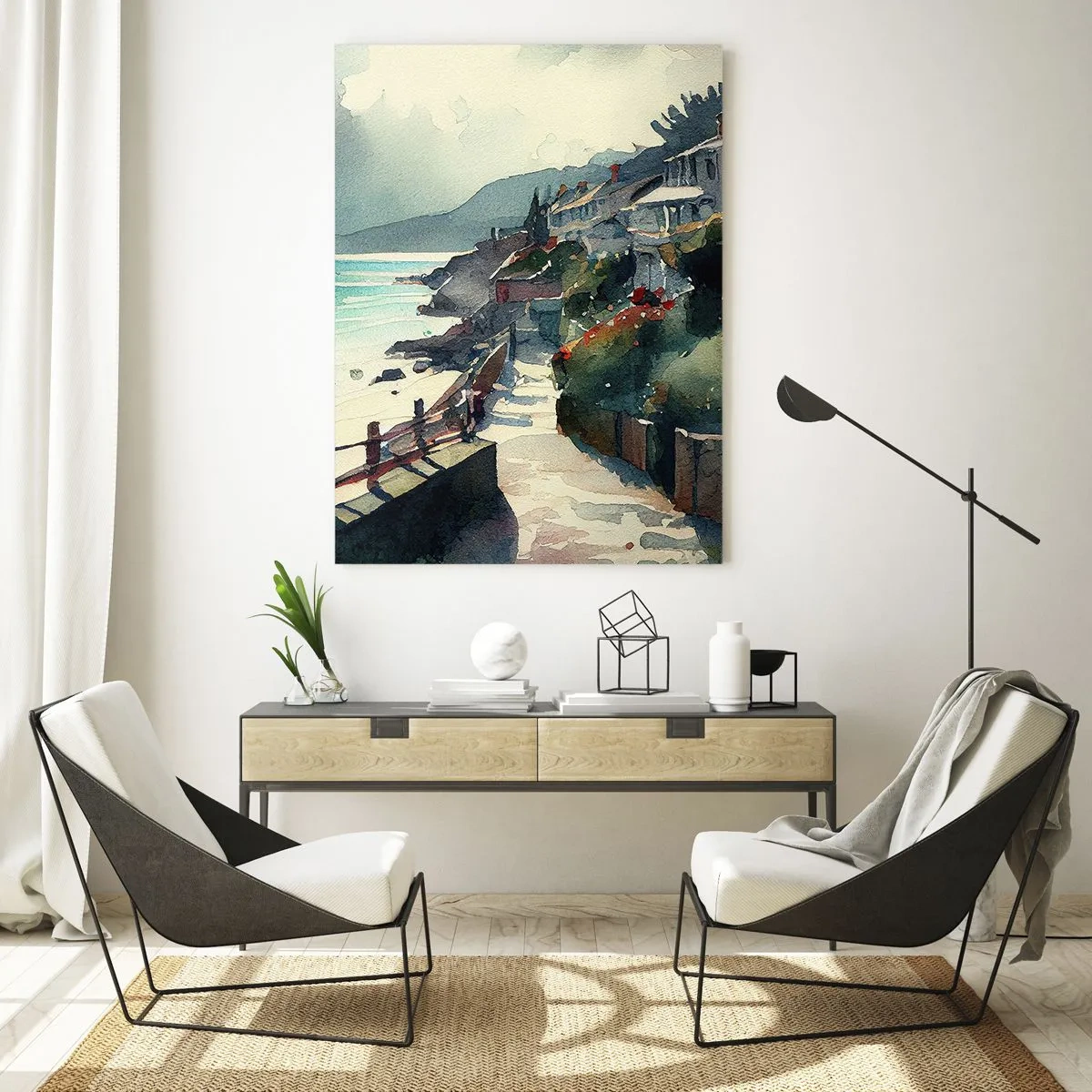 Cuadro sobre vidrio - Impresiones sobre Vidrio - Paseo marítimo con casas y vegetación - 70x100cm - Ciudad mediterránea - Decoración de pared moderna para salón y dormitorio ARTTOR