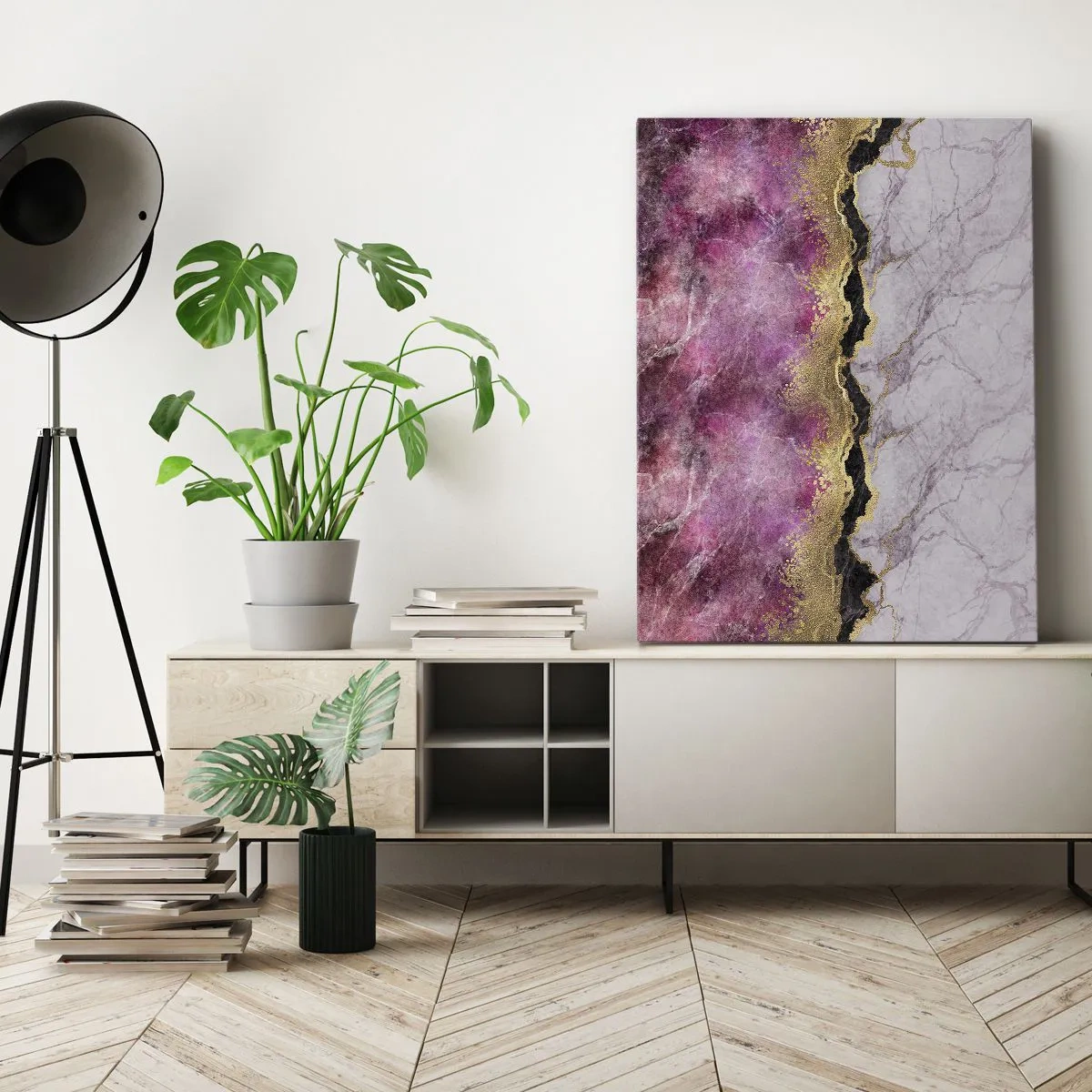 Cuadro sobre lienzo - Impresión de Imagen - Mármol abstracto en tonos rosa con acentos dorados. - 50x70cm - En la frontera - Decoración de pared moderna para salón y dormitorio ARTTOR