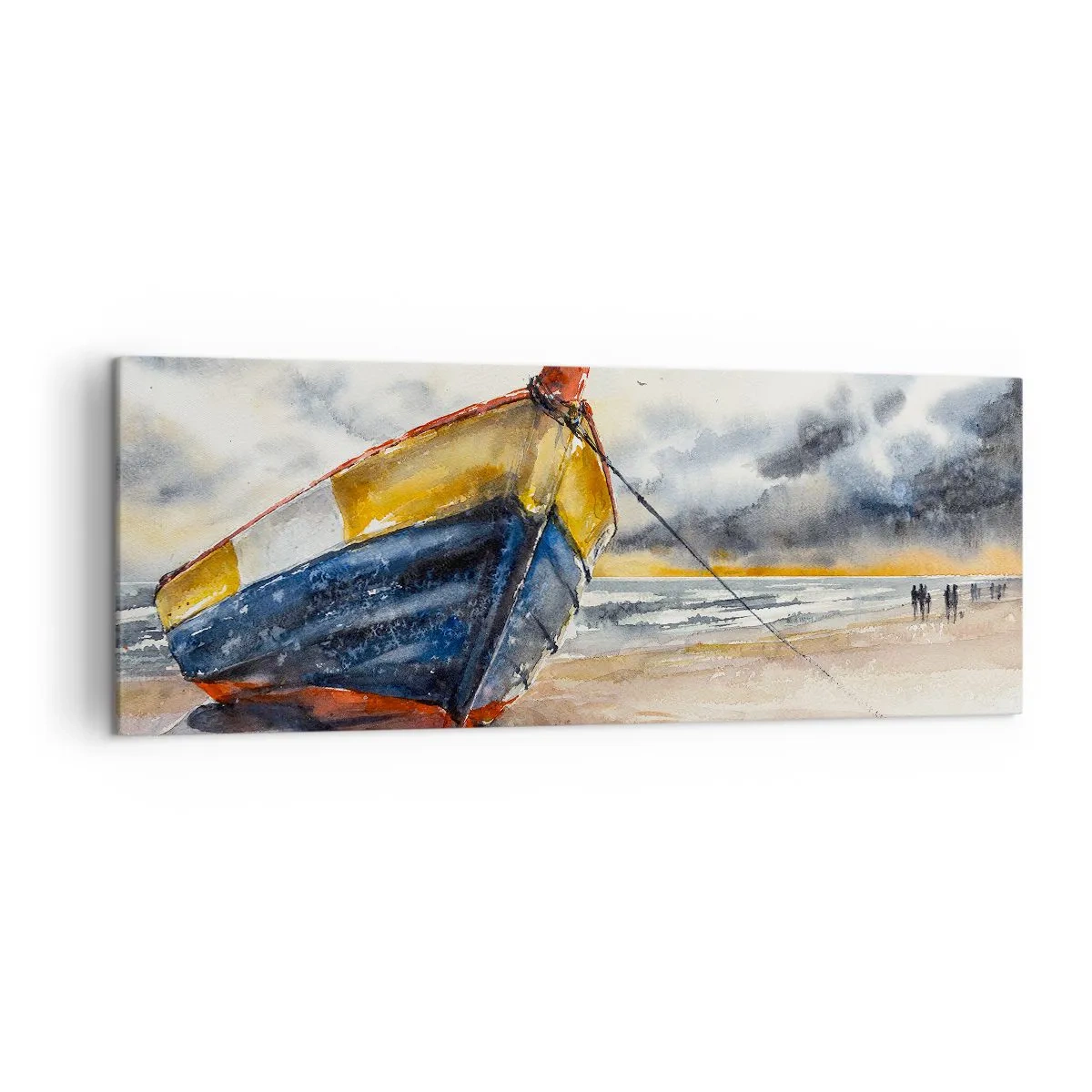 Cuadro sobre lienzo - Impresión de Imagen - Un pintoresco barco en la playa bajo un cielo nublado. - 140x50cm - Descansando en la orilla - Decoración de pared moderna para salón y dormitorio ARTTOR