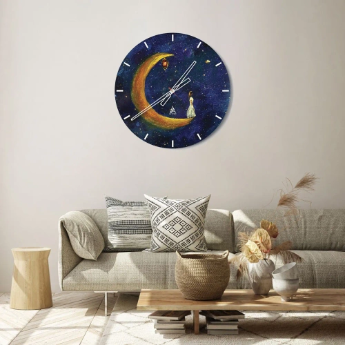 Reloj de pared - Reloj de vidrio - Una figura en la luna en un cielo nocturno de cuento de hadas con una linterna. - 30x30cm - La llamada de la Luna - Decoración de pared moderna para salón, cocina y dormitorio ARTTOR