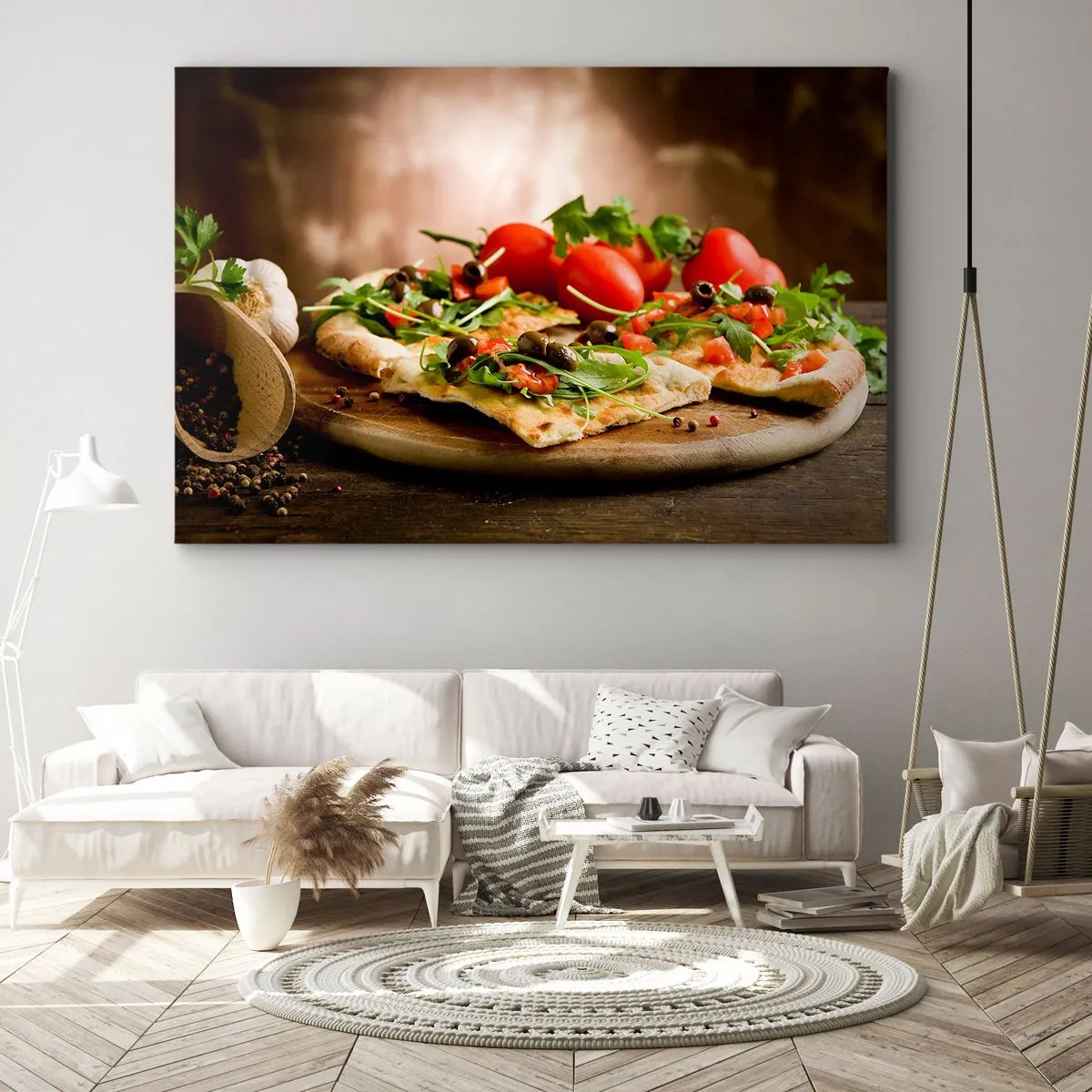 Cuadro sobre lienzo - Impresión de Imagen - Pizza con verduras sobre tabla de madera en estilo rústico - 70x50cm - Directamente del horno y del jardín - Decoración de pared moderna para salón y dormitorio ARTTOR