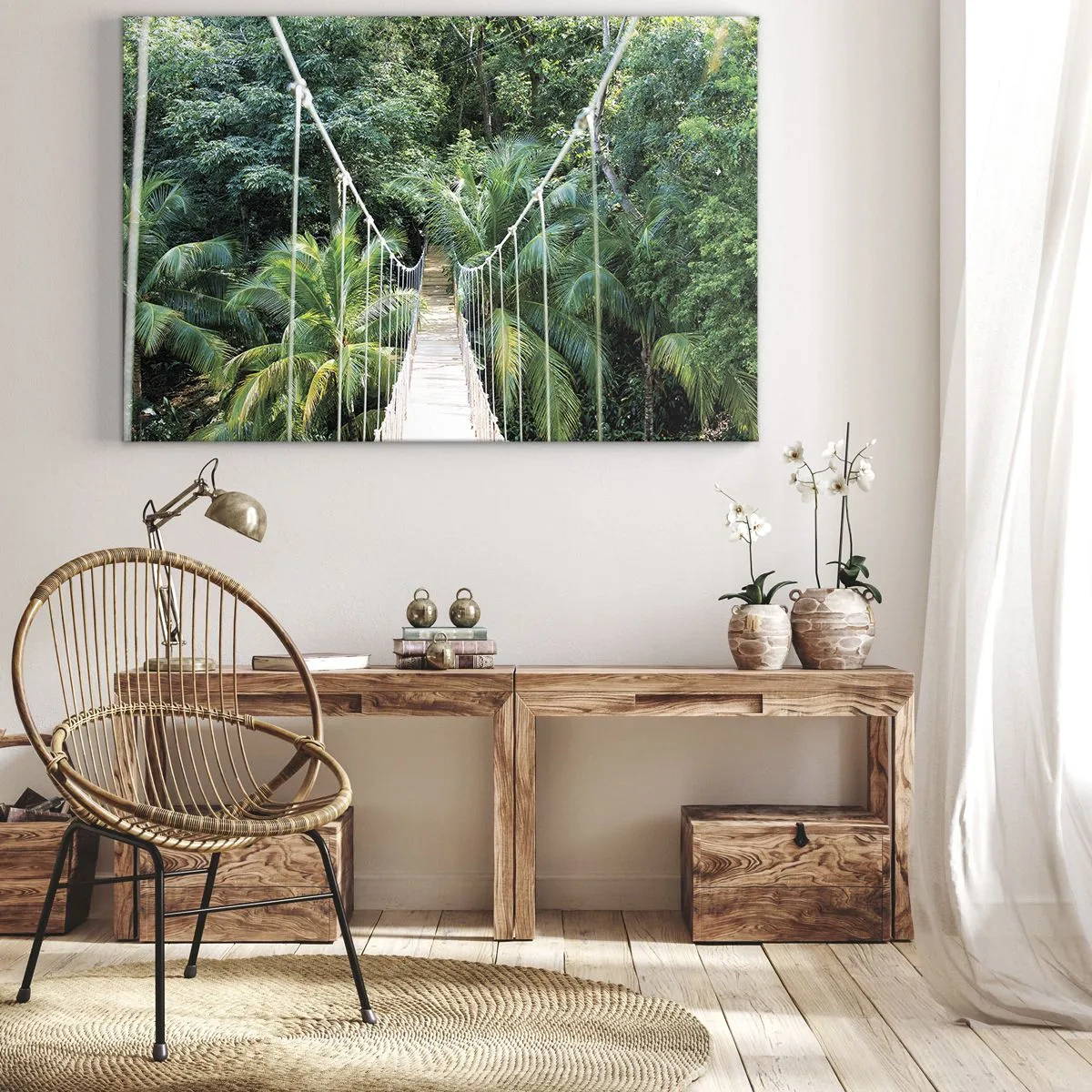 Cuadro sobre lienzo - Impresión de Imagen - Un puente colgante en una selva tropical llena de vegetación. - 120x80cm - ¡Bienvenido a la selva! - Decoración de pared moderna para salón y dormitorio ARTTOR