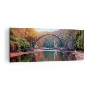 Cuadro sobre lienzo - Impresión de Imagen - Un puente de piedra en un paisaje otoñal sobre aguas tranquilas. - 120x50cm - Al otro lado del espejo - Decoración de pared moderna para salón y dormitorio ARTTOR