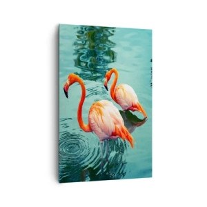 Cuadro sobre lienzo - Impresión de Imagen - Dos flamencos en el agua tranquila reflejando su entorno. - 80x120cm - Estamos de moda - Decoración de pared moderna para salón y dormitorio ARTTOR