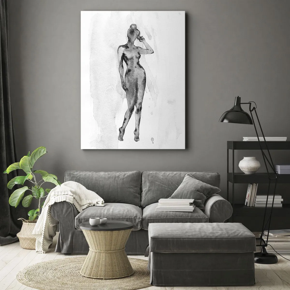 Cuadro sobre lienzo - Impresión de Imagen - Boceto de la silueta de una mujer en tonos de gris. - 50x70cm - Un estudio sobre el ideal de feminidad - Decoración de pared moderna para salón y dormitorio ARTTOR