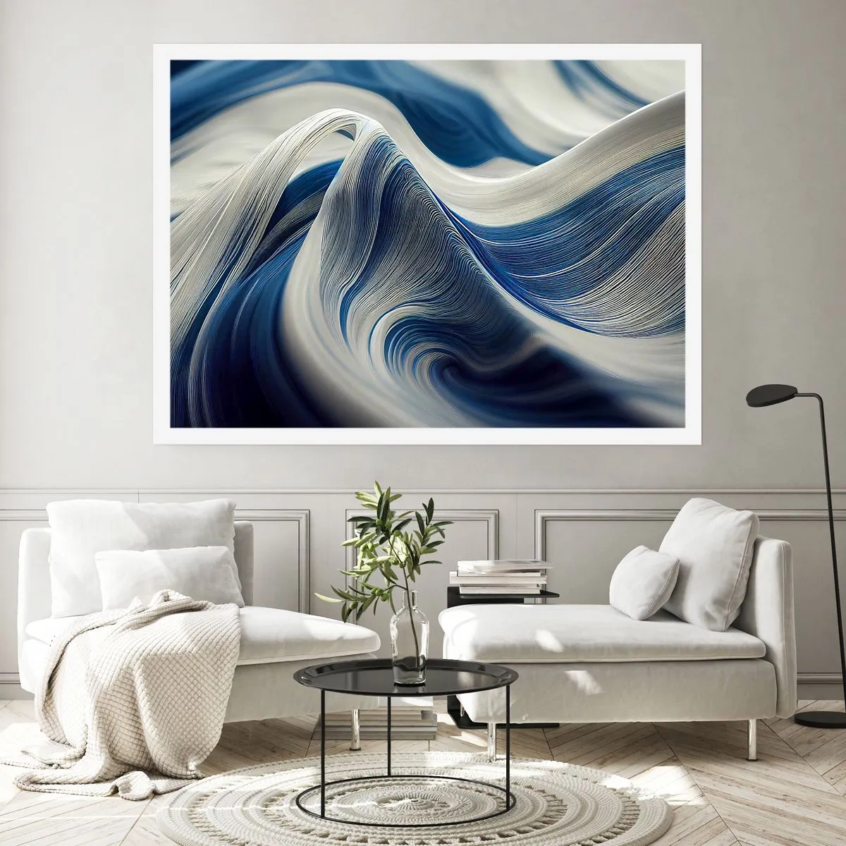 Póster - Ondas abstractas en tonos azules y blancos - 100x70cm - Fluidez de azul y blanco - Decoración de pared moderna para salón y dormitorio ARTTOR