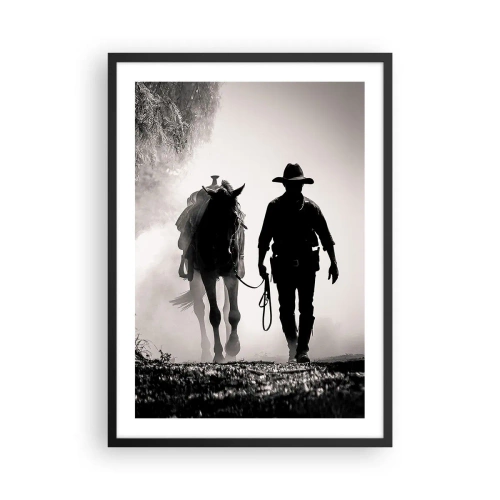 Póster en marco negro - Silueta de un vaquero con su caballo en la niebla de la mañana - 50x70cm - La mañana de Texas - Decoración de pared moderna para salón y dormitorio ARTTOR