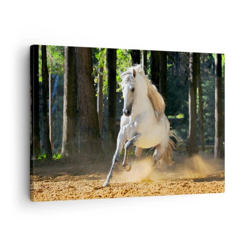 Cuadro sobre lienzo - Impresión de Imagen - Un caballo blanco galopando a través de un claro del bosque. - 70x50cm - Como en una novela de fantasía - Decoración de pared moderna para salón y dormitorio ARTTOR
