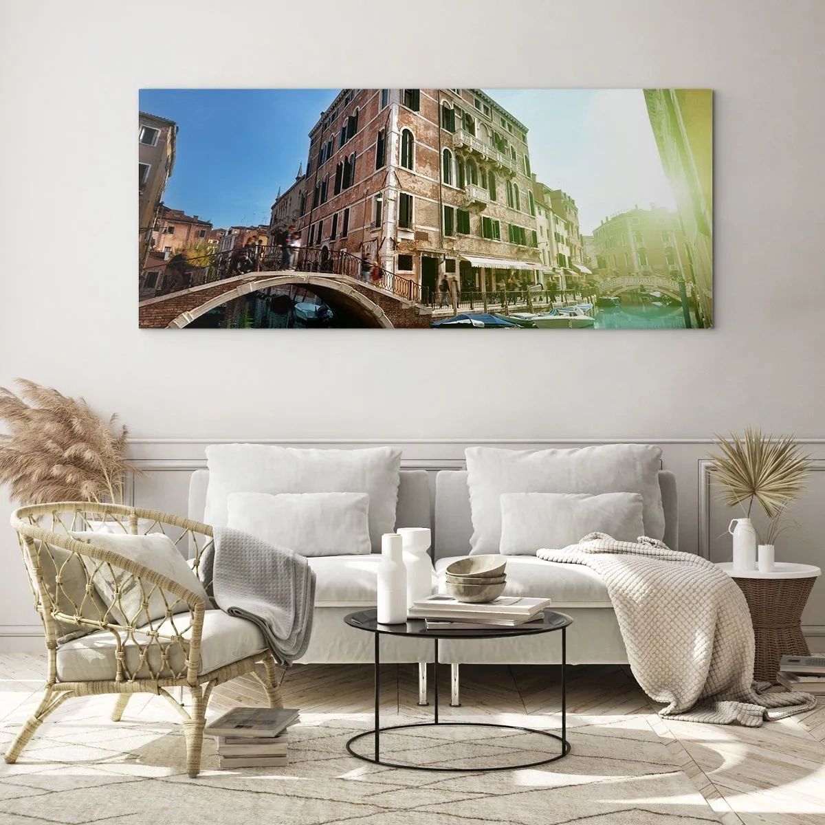 Cuadro sobre vidrio - Impresiones sobre Vidrio - Puente y canal de Venecia con arquitectura histórica - 120x50cm - Venecia - Amore Mio - Decoración de pared moderna para salón y dormitorio ARTTOR