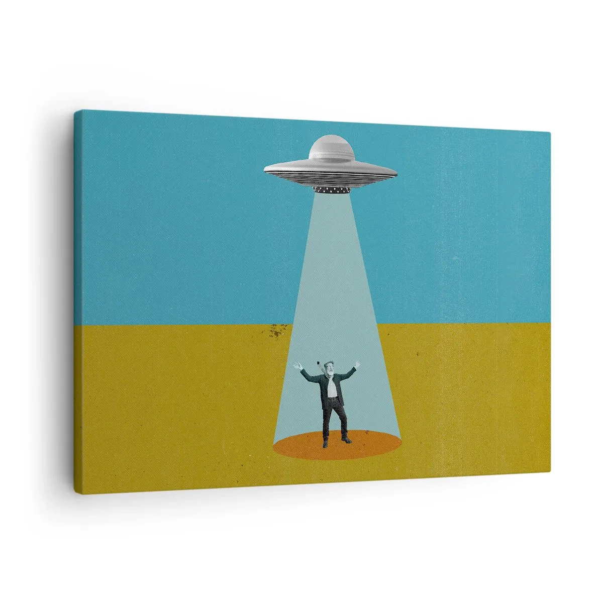 Cuadro sobre lienzo - Impresión de Imagen - Un hombre a la luz de un OVNI sobre el fondo de un paisaje colorido. - 70x50cm - Un encuentro cercano - Decoración de pared moderna para salón y dormitorio ARTTOR