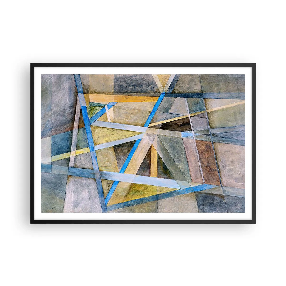 Póster en marco negro - Composición geométrica con líneas claras y azules. - 100x70cm - ¿Recto o inclinado? - Decoración de pared moderna para salón y dormitorio ARTTOR