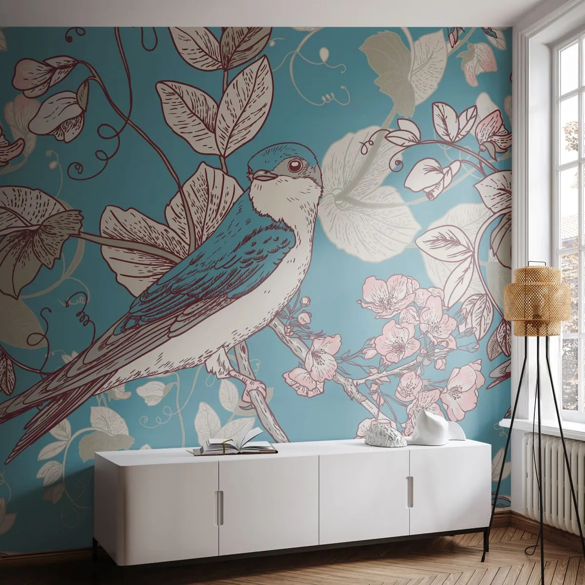 Fotomural Premium Sand - Pájaro estilizado entre flores sobre un fondo azul. - 100x70cm - En el cerezo - Decoración de pared moderna para salón y dormitorio ARTTOR