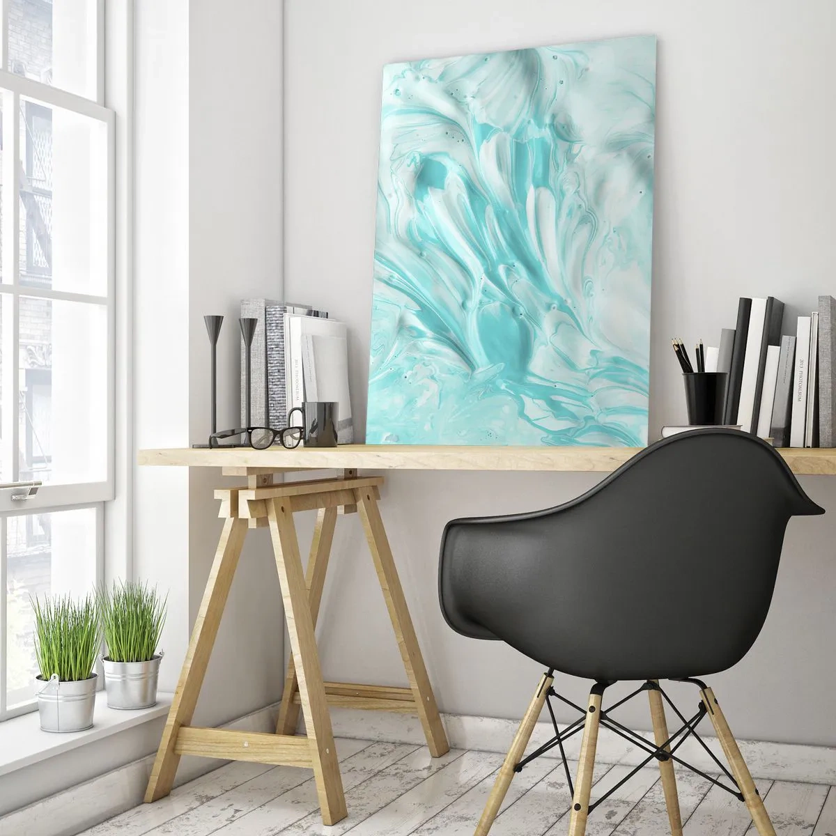 Cuadro sobre vidrio - Impresiones sobre Vidrio - Patrones abstractos azules y blancos que se asemejan al movimiento de las olas - 50x70cm - Juntos para siempre - Decoración de pared moderna para salón y dormitorio ARTTOR