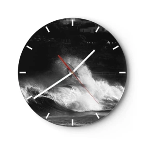 Reloj de pared - Reloj de vidrio - Un surfista en una ola en una composición en blanco y negro. - 30x30cm - Desafío aceptado - Decoración de pared moderna para salón, cocina y dormitorio ARTTOR