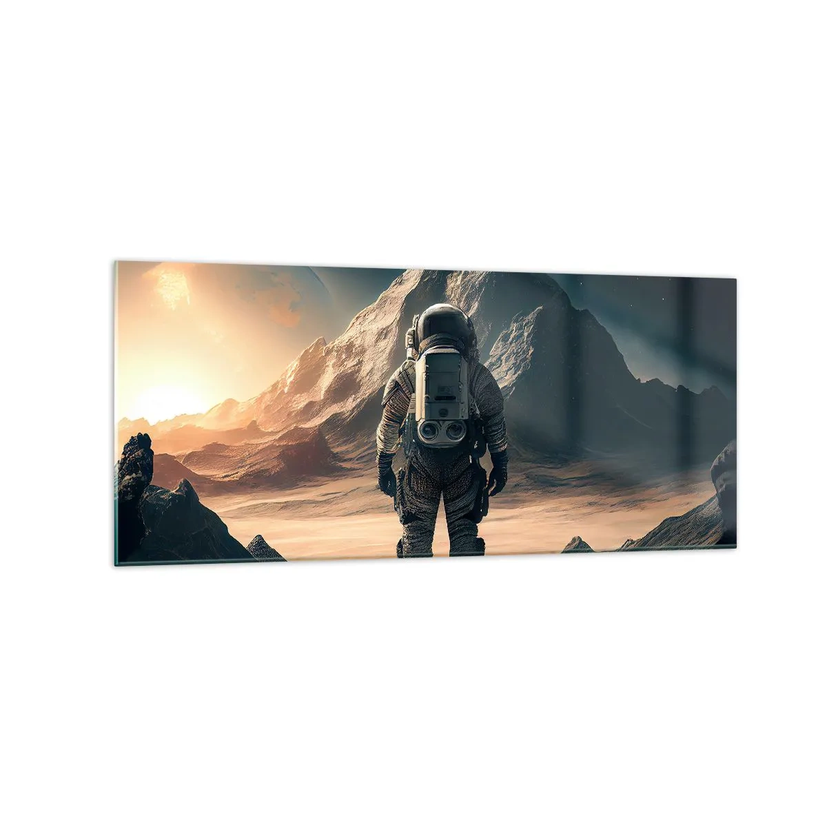 Cuadro sobre vidrio - Impresiones sobre Vidrio - Astronauta con el telón de fondo de majestuosas montañas - 120x50cm - Un nuevo reto - Decoración de pared moderna para salón y dormitorio ARTTOR