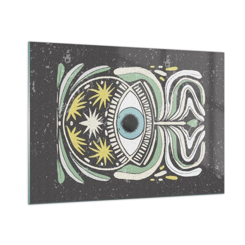 Cuadro sobre vidrio - Impresiones sobre Vidrio - Ojo gráfico con ornamentación tribal sobre un fondo oscuro. - 100x70cm - Rituales tribales - Decoración de pared moderna para salón y dormitorio ARTTOR