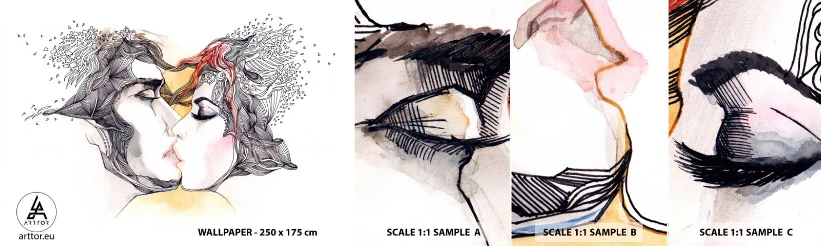 Muestra de fotomural autoadhesivo Deluxe Sticker - El mundo no importa - Abstracción, pareja de enamorados, Beso - 100x30 cm