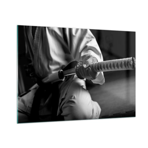 Cuadro sobre vidrio - Impresiones sobre Vidrio - Una figura con un kimono sosteniendo una espada, composición en blanco y negro. - 100x70cm - Alma de guerrero - Decoración de pared moderna para salón y dormitorio ARTTOR