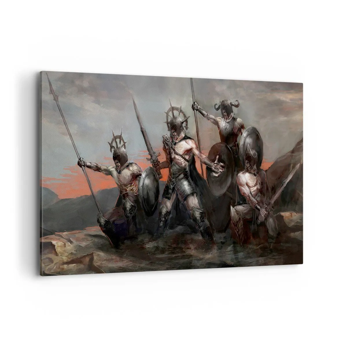 Cuadro sobre lienzo - Impresión de Imagen - Un grupo de guerreros con armadura y lanzas con el atardecer como telón de fondo. - 120x80cm - Escudo con escudo - Decoración de pared moderna para salón y dormitorio ARTTOR