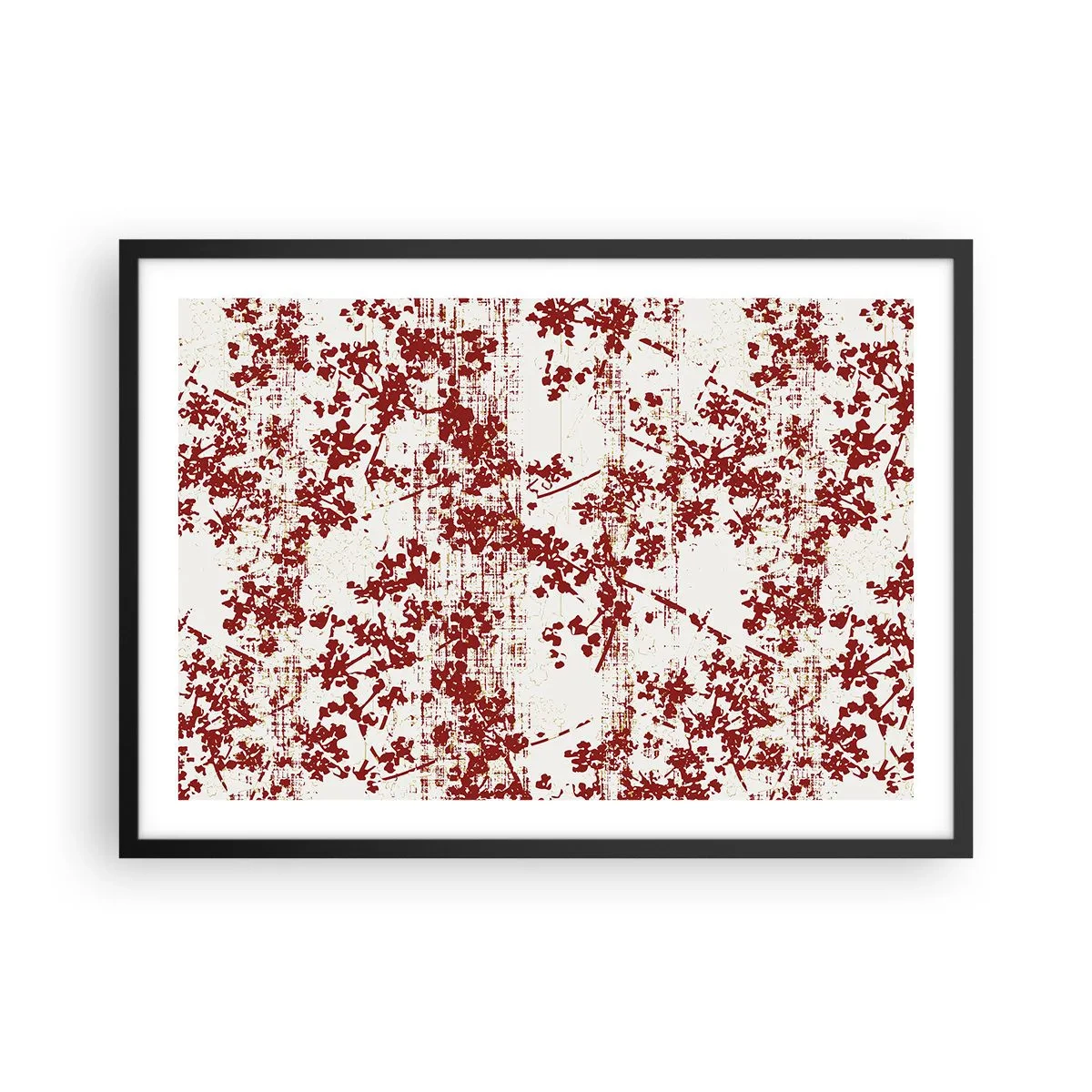 Póster en marco negro - Flores rojas sobre un fondo blanco en un estilo artístico. - 70x50cm - Como un viejo percal - Decoración de pared moderna para salón y dormitorio ARTTOR