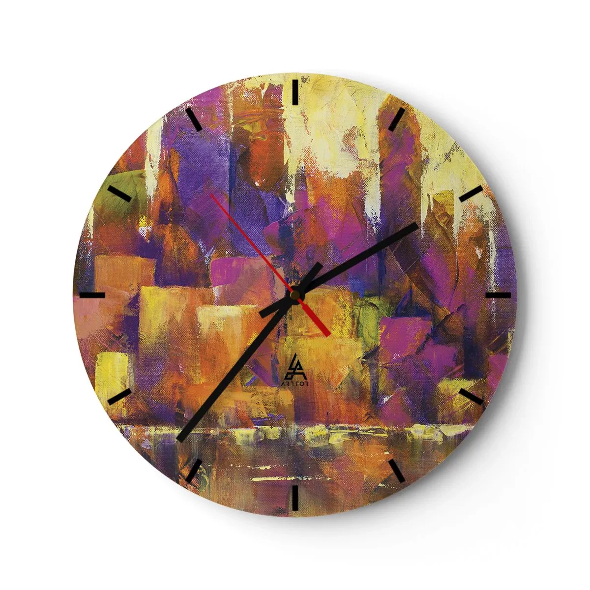 Reloj de pared - Reloj de vidrio - Una composición abstracta en tonos amarillos y morados. - 30x30cm - Composición metropolitana - Decoración de pared moderna para salón, cocina y dormitorio ARTTOR