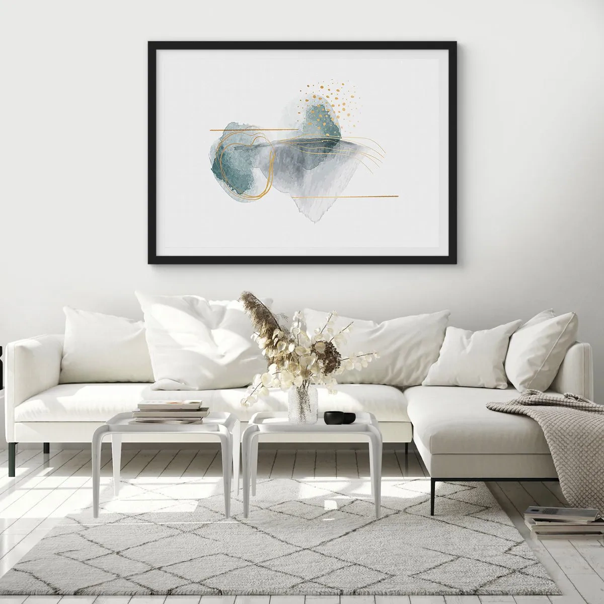Póster en marco negro - Una composición abstracta en tonos turquesa y dorado. - 70x50cm - Sobre la relación entre el gris y el oro - Decoración de pared moderna para salón y dormitorio ARTTOR