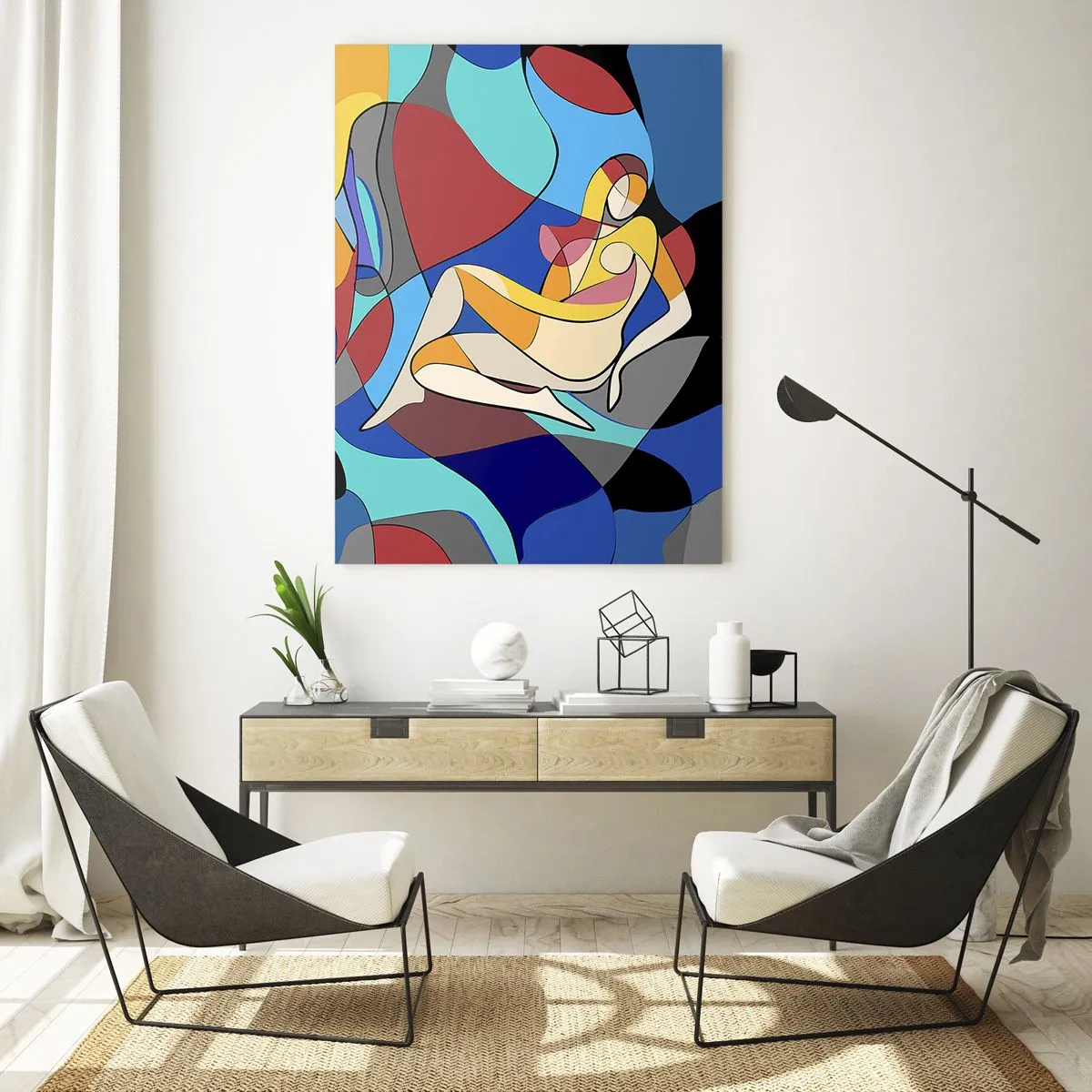 Cuadro sobre vidrio - Impresiones sobre Vidrio - Desnudo colorido al estilo cubista - 80x120cm - Desnudo cubista - Decoración de pared moderna para salón y dormitorio ARTTOR