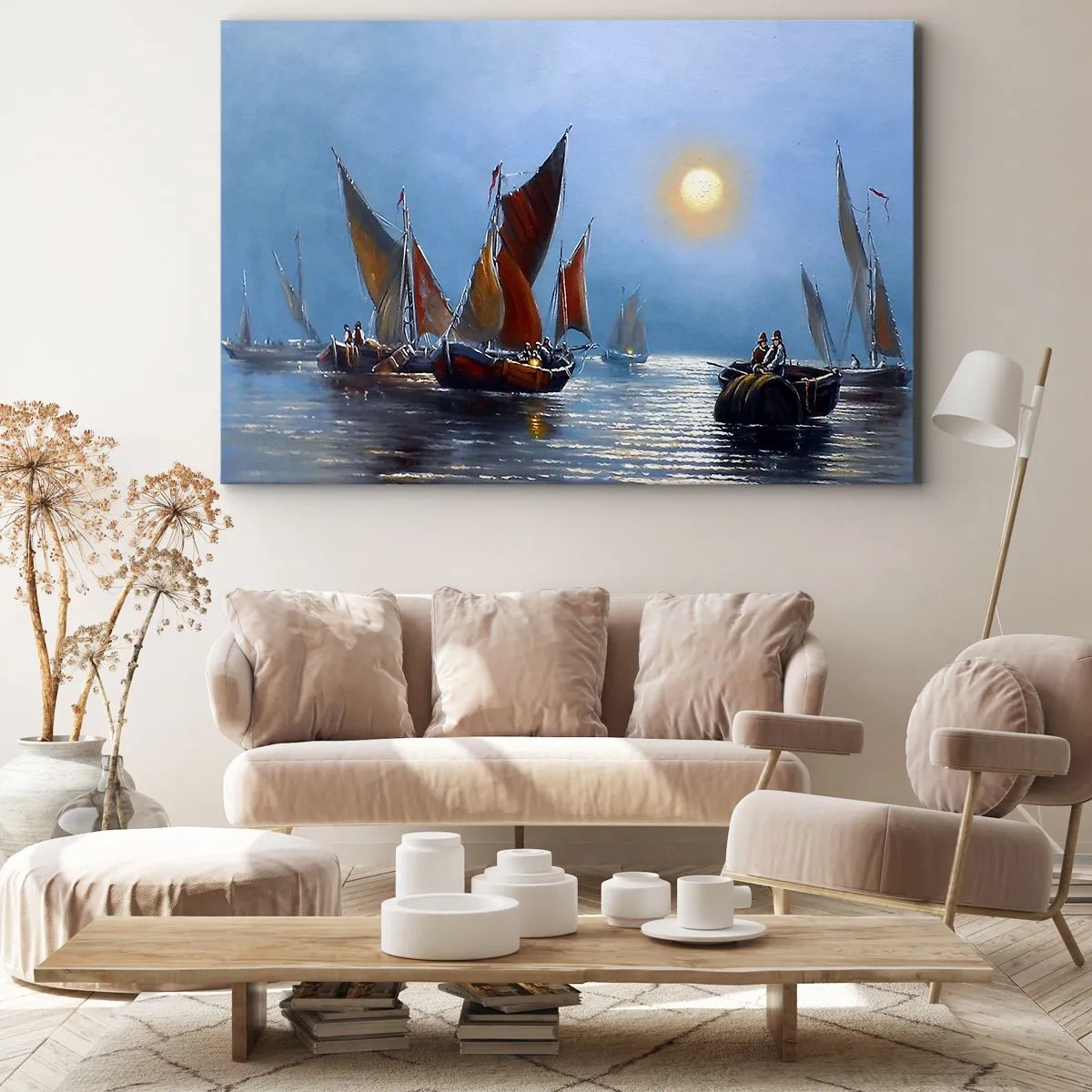 Cuadro sobre lienzo - Impresión de Imagen - Barcos con velas en aguas tranquilas al atardecer - 120x80cm - Pesca nocturna - Decoración de pared moderna para salón y dormitorio ARTTOR