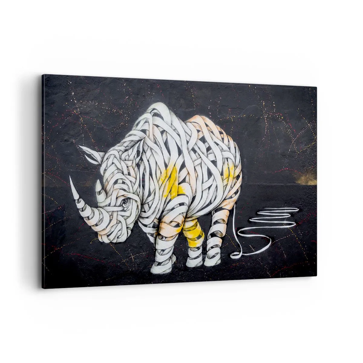 Cuadro sobre lienzo - Impresión de Imagen - Un rinoceronte tallado con rayas abstractas sobre un fondo oscuro. - 100x70cm - El mito de la momia rinoceronte - Decoración de pared moderna para salón y dormitorio ARTTOR