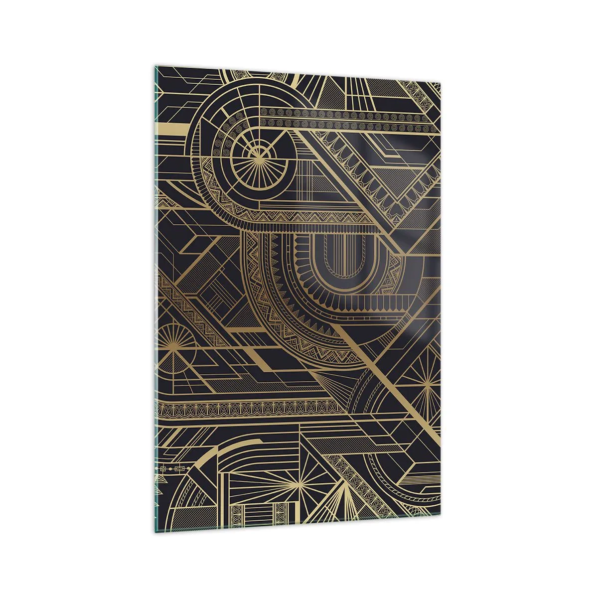 Cuadro sobre vidrio - Impresiones sobre Vidrio - Patrones geométricos dorados sobre fondo negro en estilo Art Déco - 70x100cm - Conceptos, ideas, planes - Decoración de pared moderna para salón y dormitorio ARTTOR