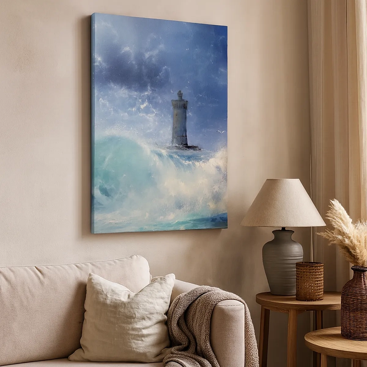 Cuadro sobre lienzo - Impresión de Imagen - Un faro rodeado de fuertes olas y nubes. - 50x70cm - En guardia contra los elementos - Decoración de pared moderna para salón y dormitorio ARTTOR