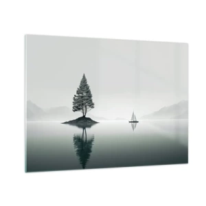 Cuadro sobre vidrio - Impresiones sobre Vidrio - Un árbol solitario en una isla y un velero en un lago tranquilo. - 70x50cm - Un sueño hecho realidad - Decoración de pared moderna para salón y dormitorio ARTTOR