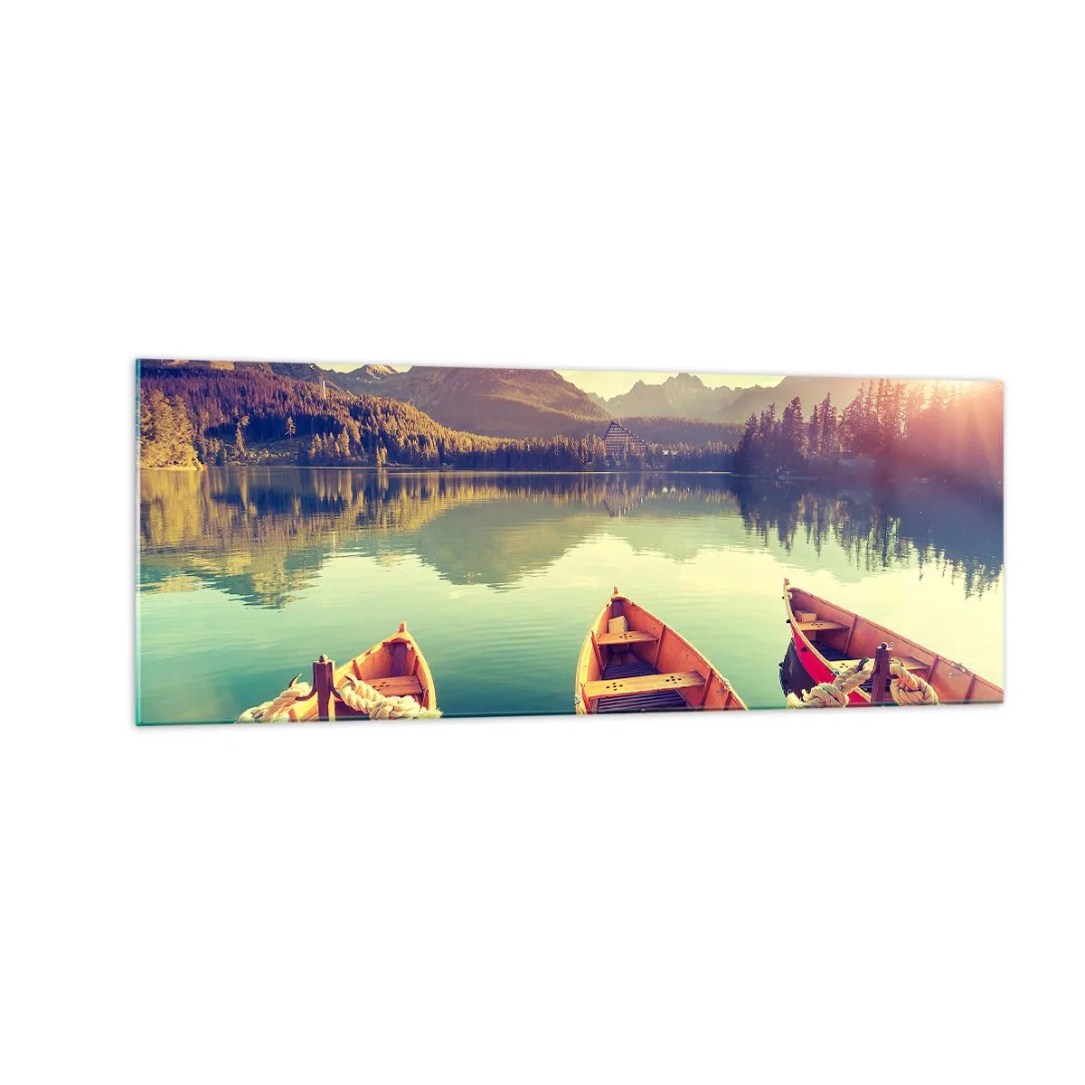 Cuadro sobre vidrio - Impresiones sobre Vidrio - Barcos en un lago tranquilo rodeado de montañas al atardecer - 140x50cm - Para vivir según sus leyes - Decoración de pared moderna para salón y dormitorio ARTTOR
