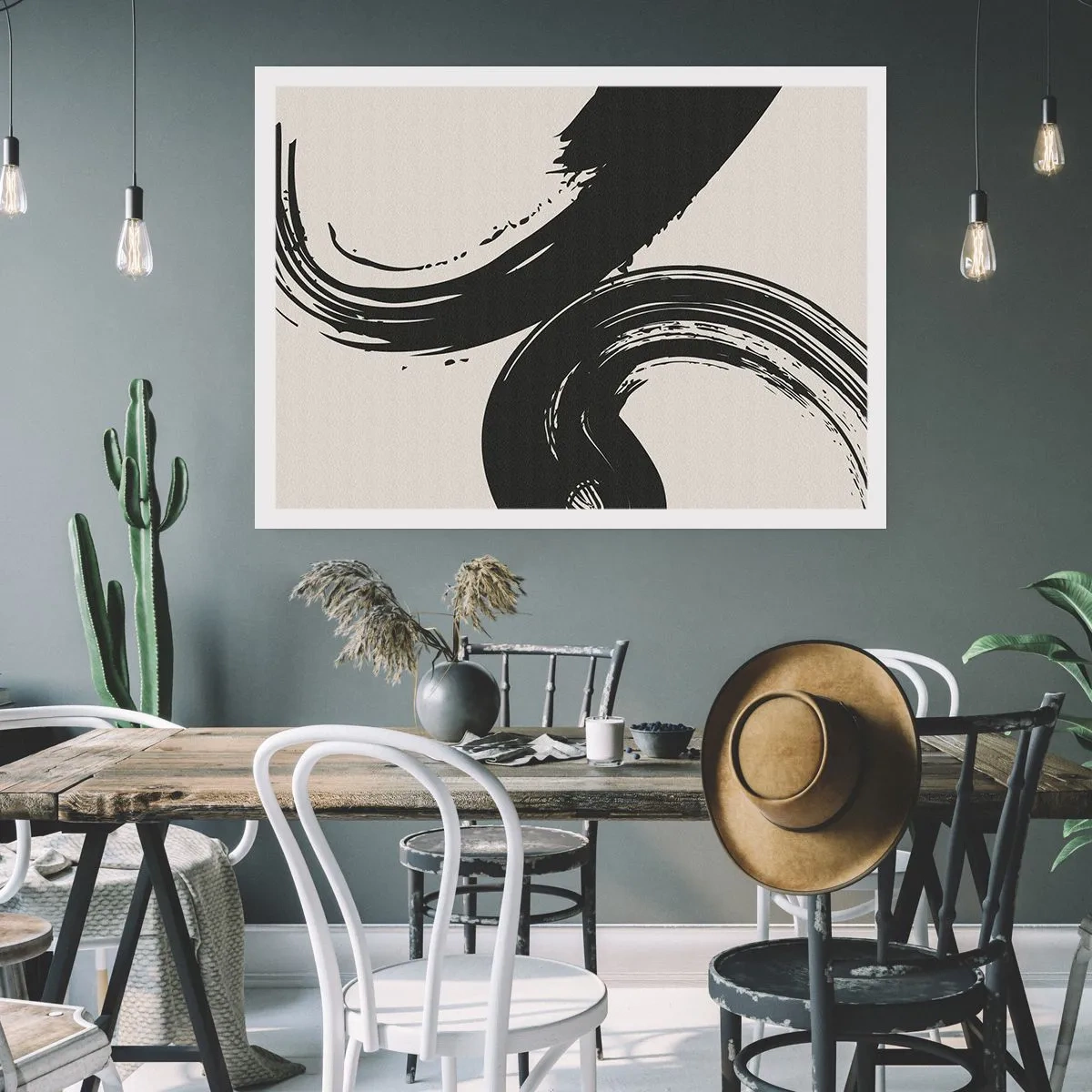 Póster - Pinceladas dinámicas en negro sobre un fondo claro - 100x70cm - Barrido y circular - Decoración de pared moderna para salón y dormitorio ARTTOR