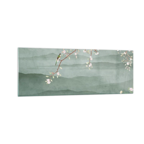 Cuadro sobre vidrio - Impresiones sobre Vidrio - Una imagen pintoresca de la rama de un árbol en flor con pájaros sobre un fondo de colinas verdes. - 140x50cm - Primavera, ah, eres tú - Decoración de pared moderna para salón y dormitorio ARTTOR