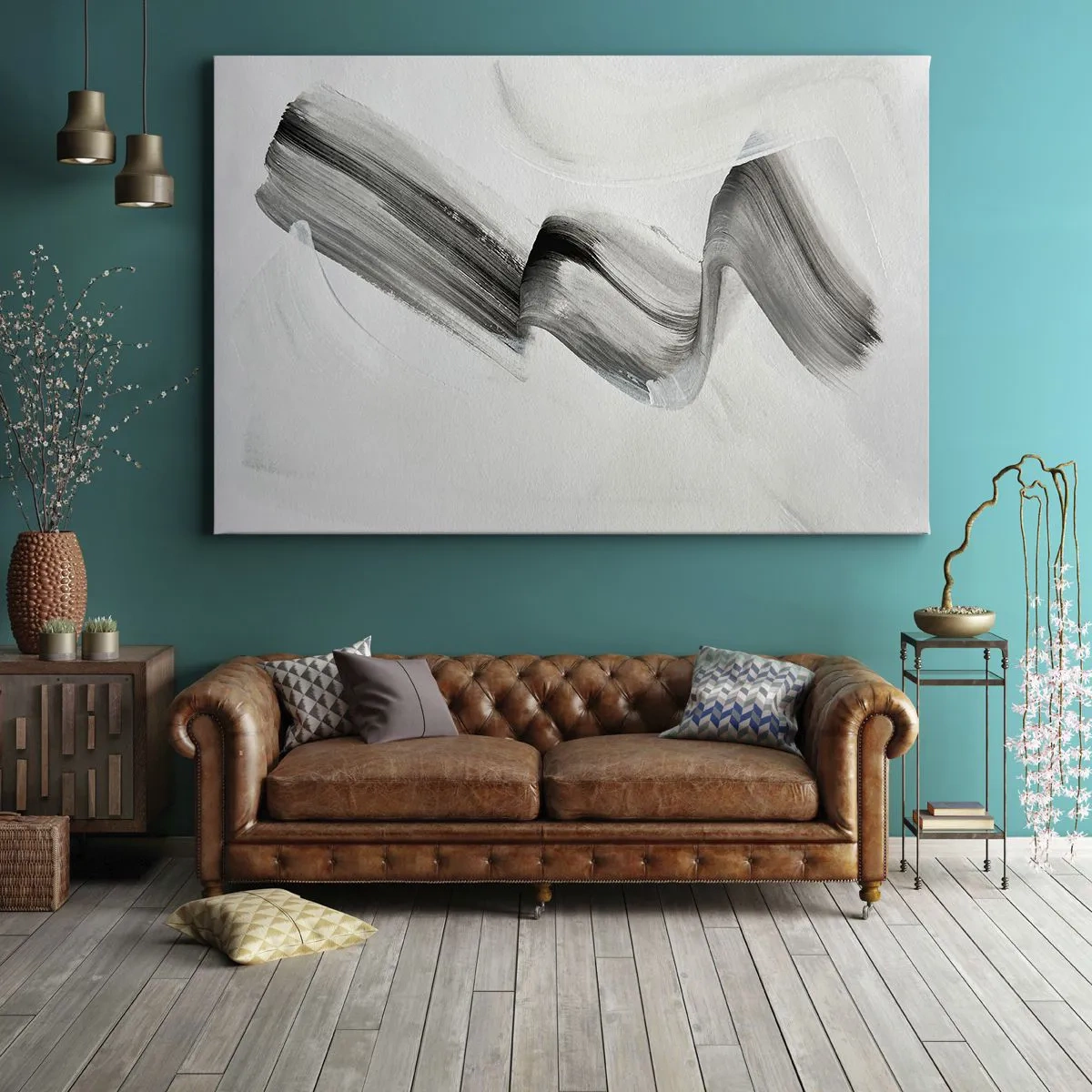 Cuadro sobre lienzo - Impresión de Imagen - Pincelada abstracta en blanco y negro sobre un fondo claro - 70x50cm - Solo por diversión - Decoración de pared moderna para salón y dormitorio ARTTOR