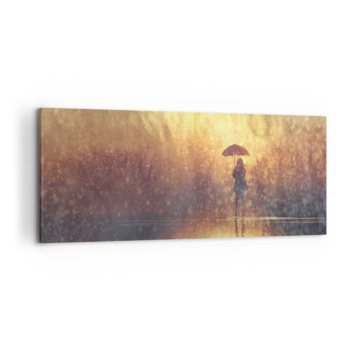 Cuadro sobre lienzo - Impresión de Imagen - Una figura con un paraguas en un paisaje brumoso lleno de reflejos. - 120x50cm - Siento que alguien me mira - Decoración de pared moderna para salón y dormitorio ARTTOR
