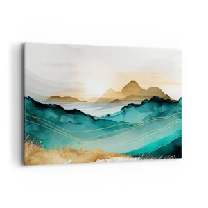 Cuadro sobre lienzo - Impresión de Imagen - Paisaje abstracto con montañas y acentos dorados. - 120x80cm - Al borde de la abstracción - paisaje - Decoración de pared moderna para salón y dormitorio ARTTOR