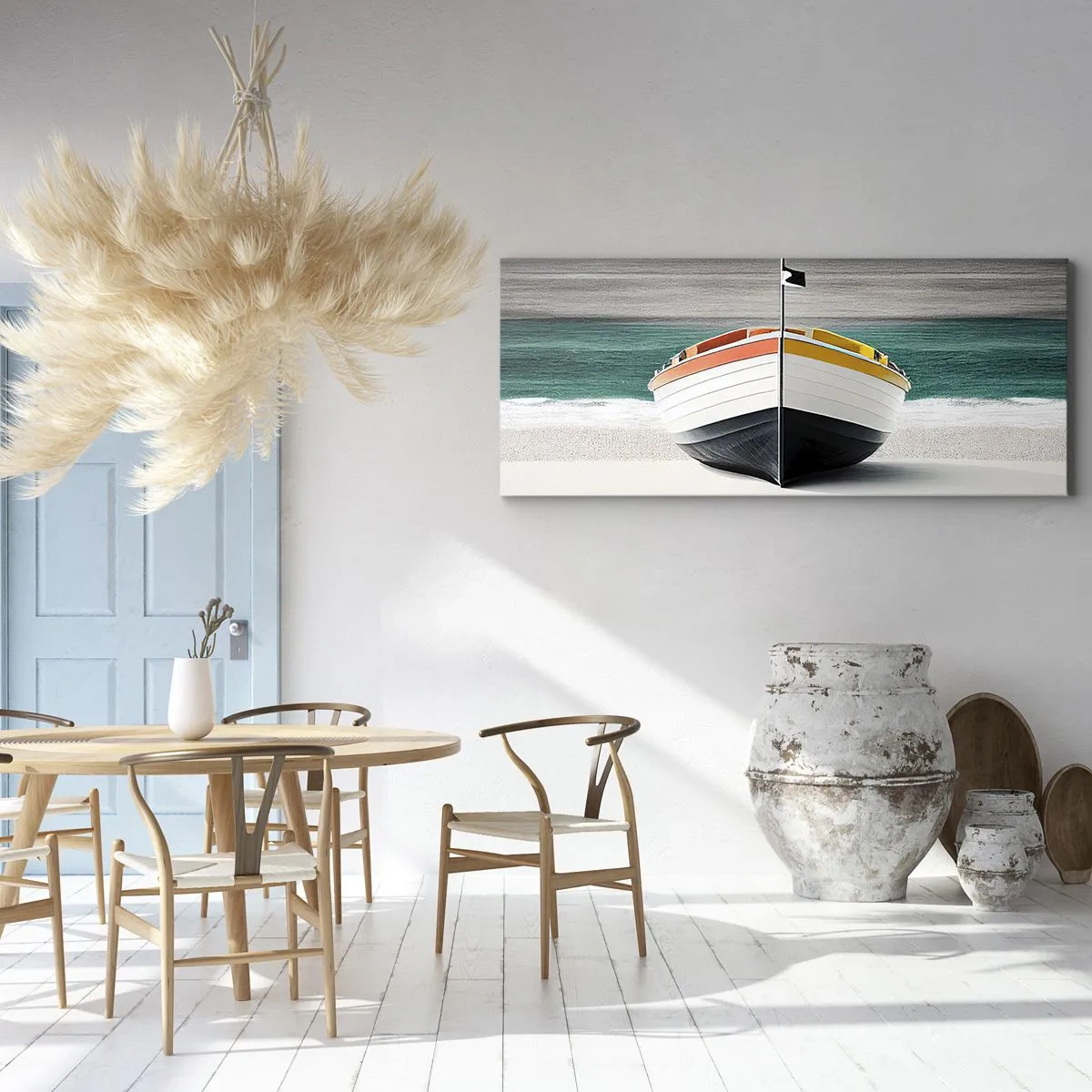 Cuadro sobre lienzo - Impresión de Imagen - Un barco en la playa con un mar turquesa al fondo. - 120x50cm - En su lugar exacto - Decoración de pared moderna para salón y dormitorio ARTTOR