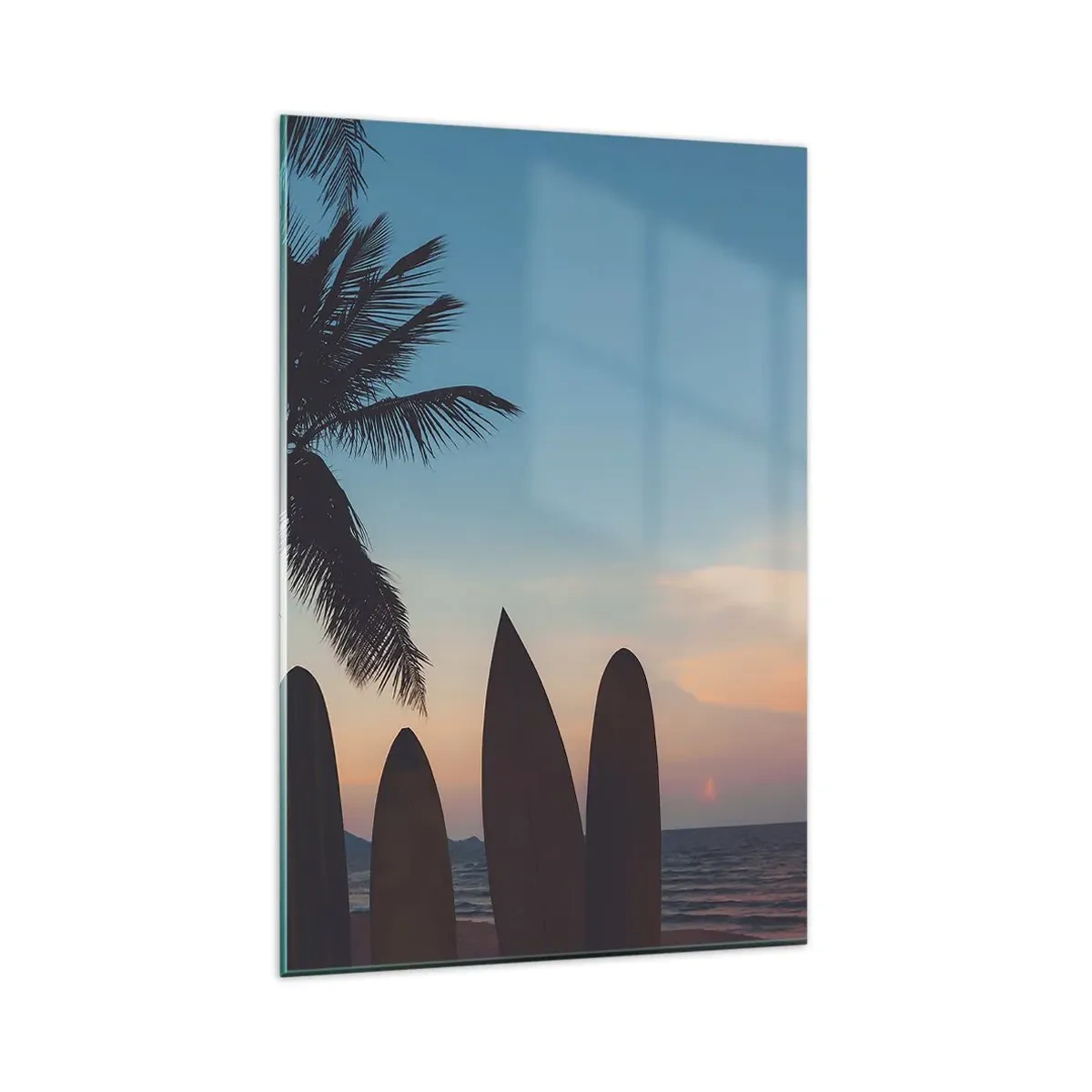 Cuadro sobre vidrio - Impresiones sobre Vidrio - Tablas de surf con una palmera y una puesta de sol como telón de fondo - 80x120cm - Mañana también disfrutaremos - Decoración de pared moderna para salón y dormitorio ARTTOR