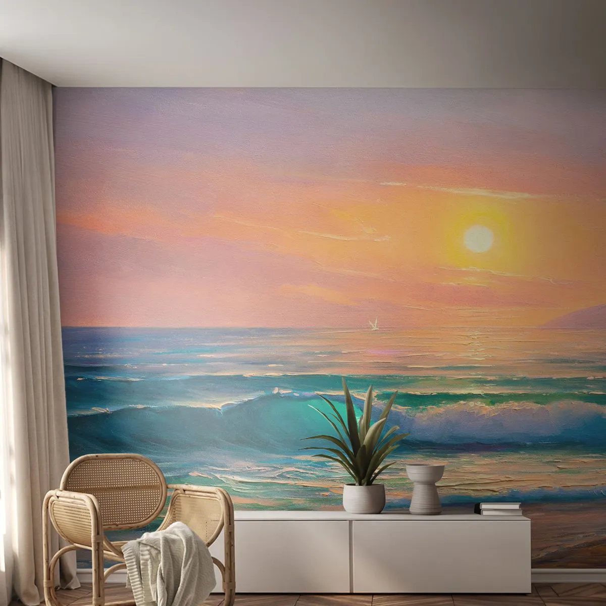 Fotomural Premium Canvas - Paisaje marino con puesta de sol - 100x70cm - El canto turquesa de las olas - Decoración de pared moderna para salón y dormitorio ARTTOR