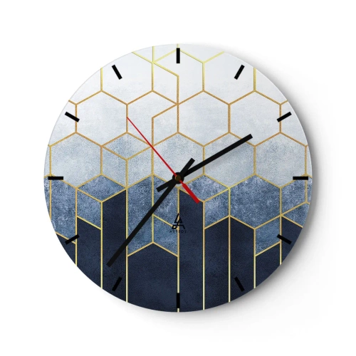 Reloj de pared - Reloj de vidrio - Patrón de cubo geométrico en tonos azules y dorados. - 30x30cm - Composición rítmica visual - Decoración de pared moderna para salón, cocina y dormitorio ARTTOR