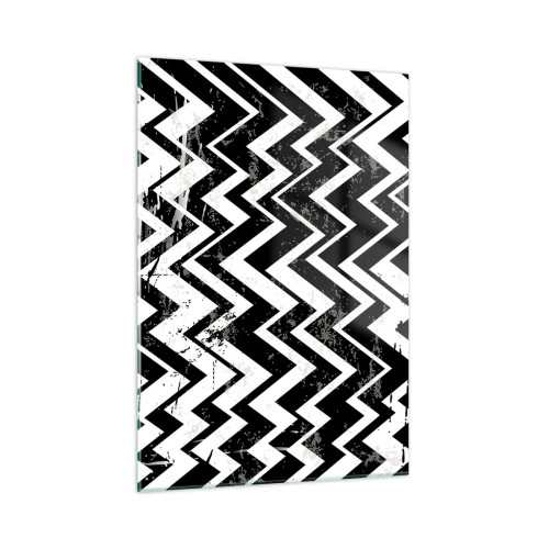 Cuadro sobre vidrio - Impresiones sobre Vidrio - Un patrón en zigzag en blanco y negro con una composición y textura dinámicas. - 50x70cm - Zig-blanco, zag-negro - Decoración de pared moderna para salón y dormitorio ARTTOR