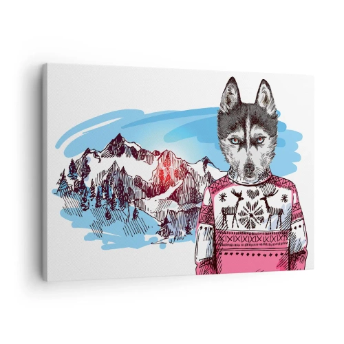 Cuadro sobre lienzo - Impresión de Imagen - Un lobo con un suéter de invierno frente a un paisaje montañoso. - 70x50cm - Un lobo con piel de cordero - Decoración de pared moderna para salón y dormitorio ARTTOR