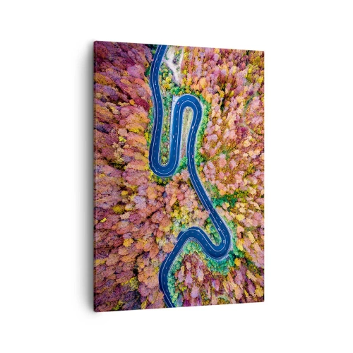Cuadro sobre lienzo - Impresión de Imagen - Un camino sinuoso en un bosque otoñal visto a vista de pájaro - 50x70cm - Un camino sinuoso a través del bosque - Decoración de pared moderna para salón y dormitorio ARTTOR