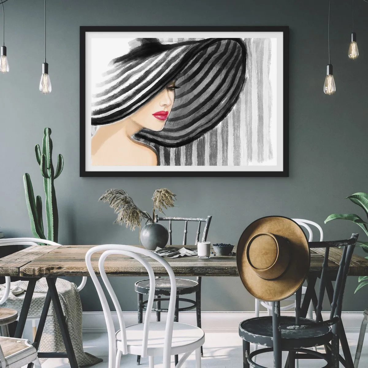 Póster en marco negro - Mujer con un sombrero blanco y negro con acento rojo. - 100x70cm - ¿Dónde puedo encontrarte? - Decoración de pared moderna para salón y dormitorio ARTTOR