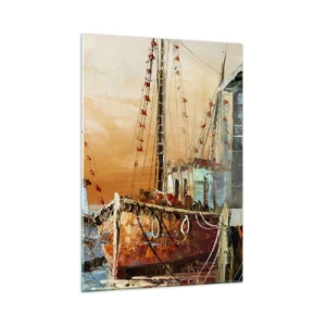 Cuadro sobre vidrio - Impresiones sobre Vidrio - Barcos coloridos en el puerto deportivo - 50x70cm - Regreso pacífico - Decoración de pared moderna para salón y dormitorio ARTTOR
