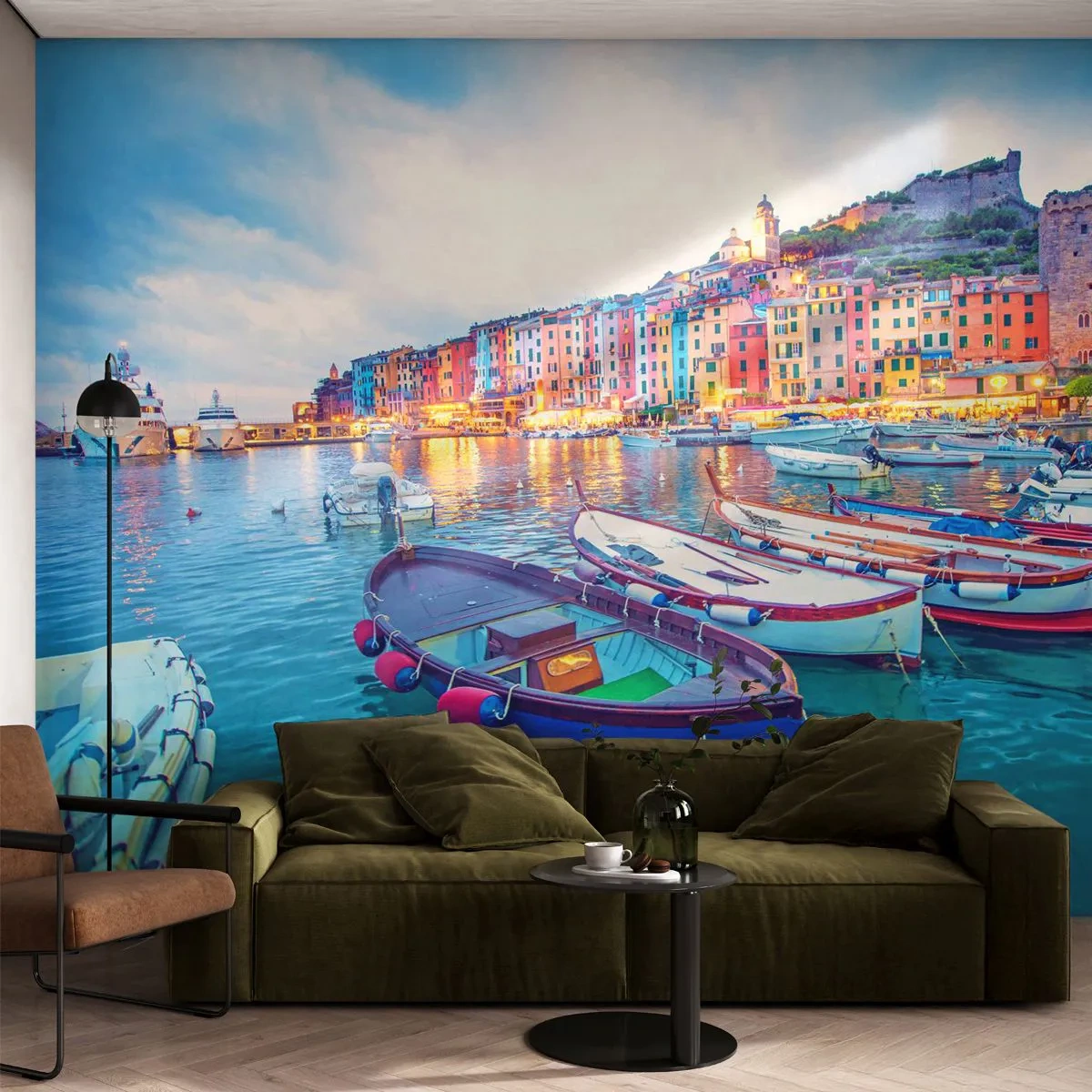 Fotomural Autadhesivo Deluxe Sticker - Una noche colorida en el puerto - Ciudad portuaria, Arquitectura, Paisaje - 300x210 cm